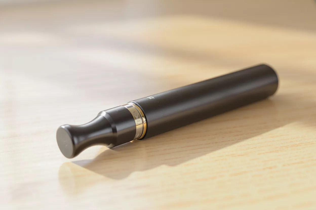 Black Vape Pen on Table A sleek black vape pen resting on a wooden surface