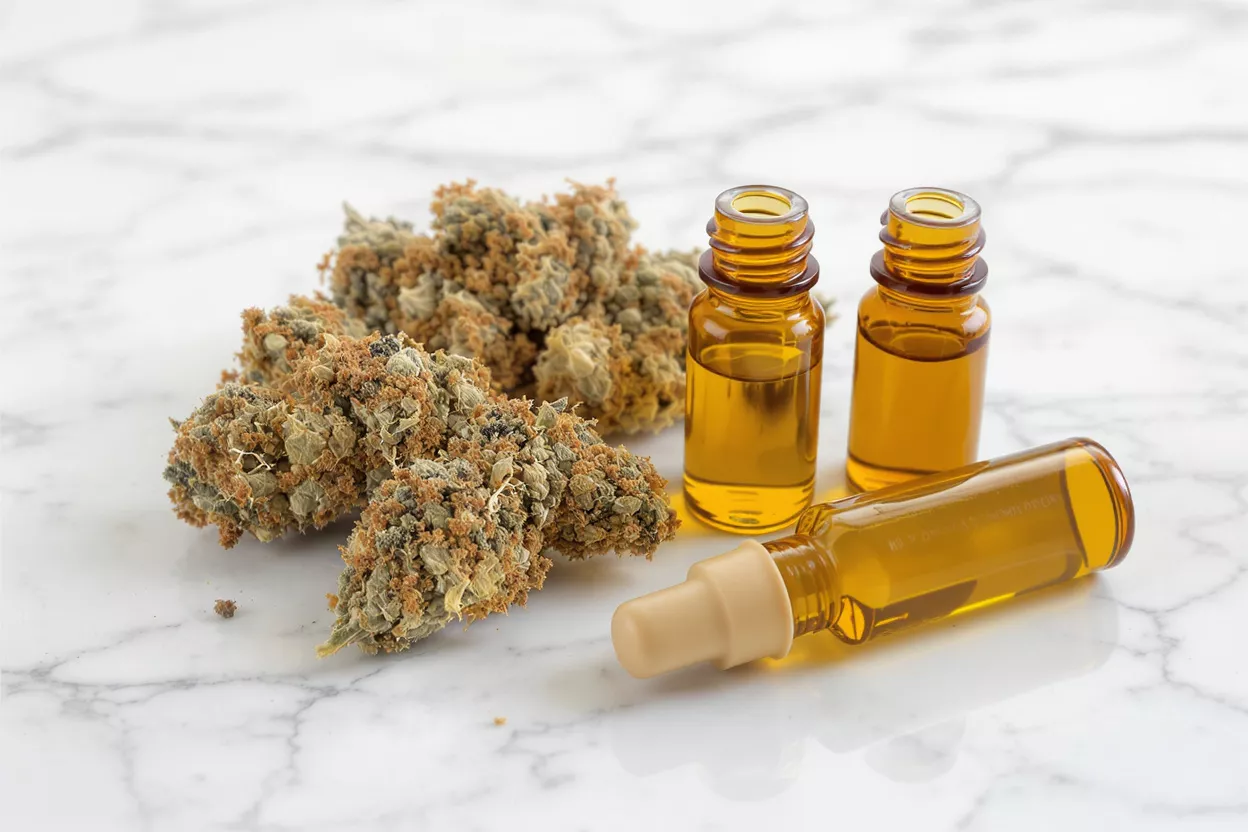 Cannabis Oil and Buds Cannabis buds with amber oil bottles on marble surface