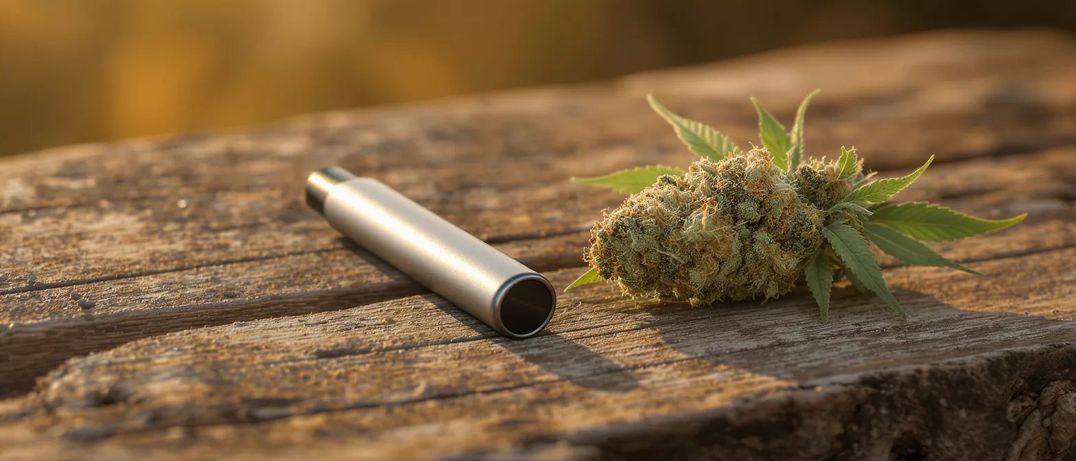 A cannabis vape pen next to a cannabis bud on wood