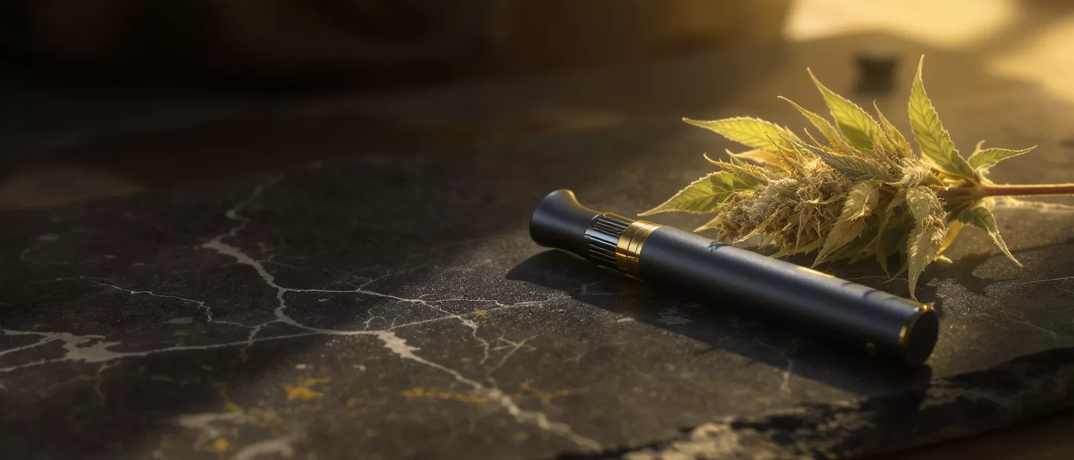 A cannabis vape pen next to a cannabis flower