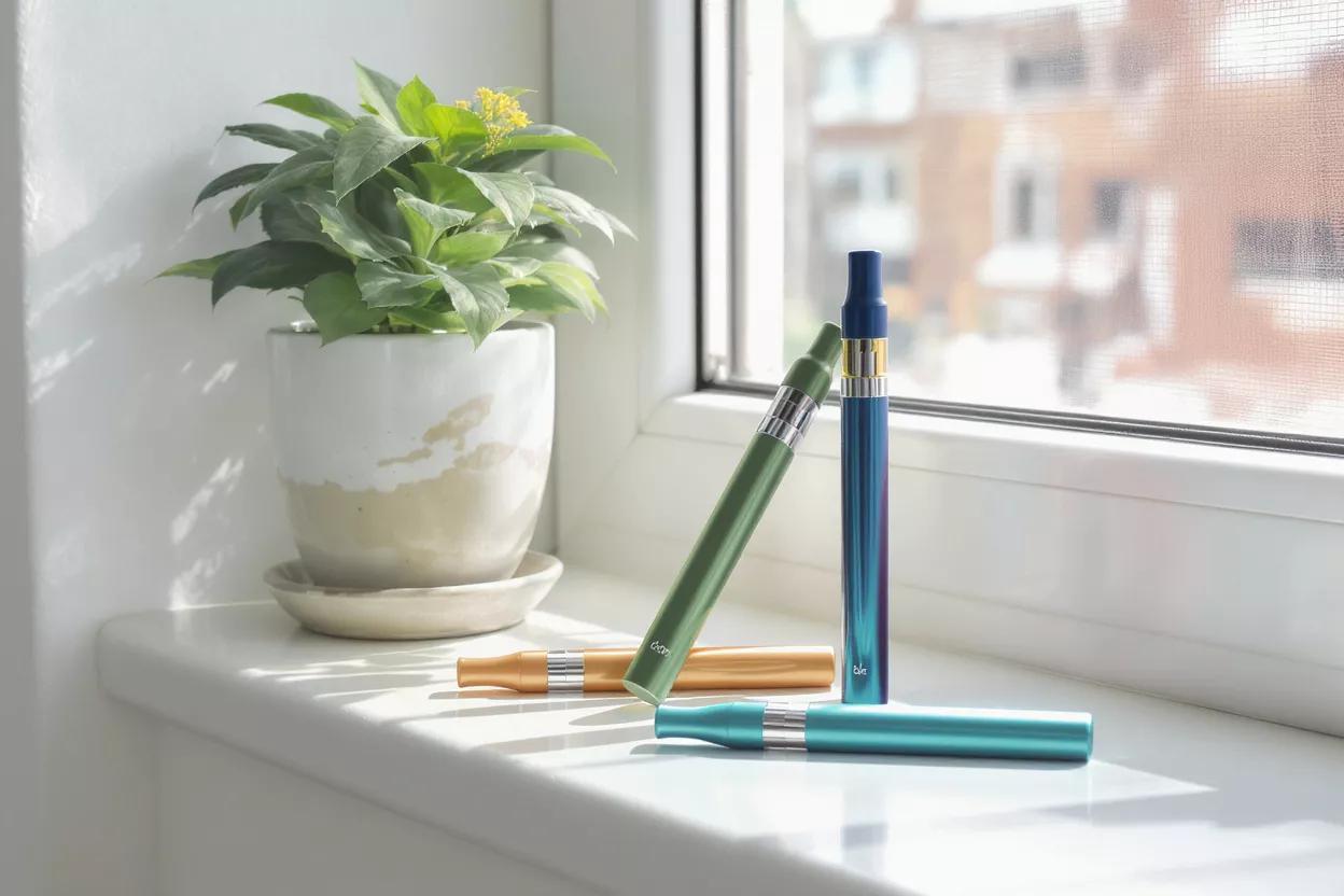 Colorful Vape Pens Four colorful vape pens beside a potted plant