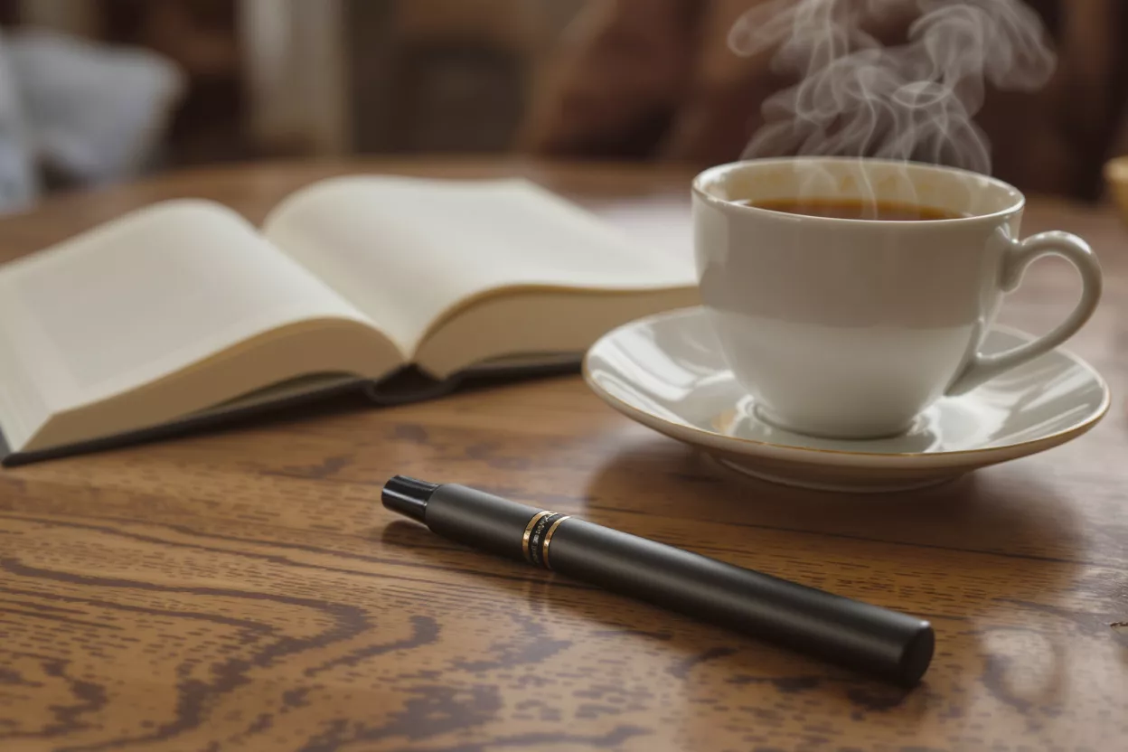 Cozy Reading Corner A steaming cup of coffee beside an open book