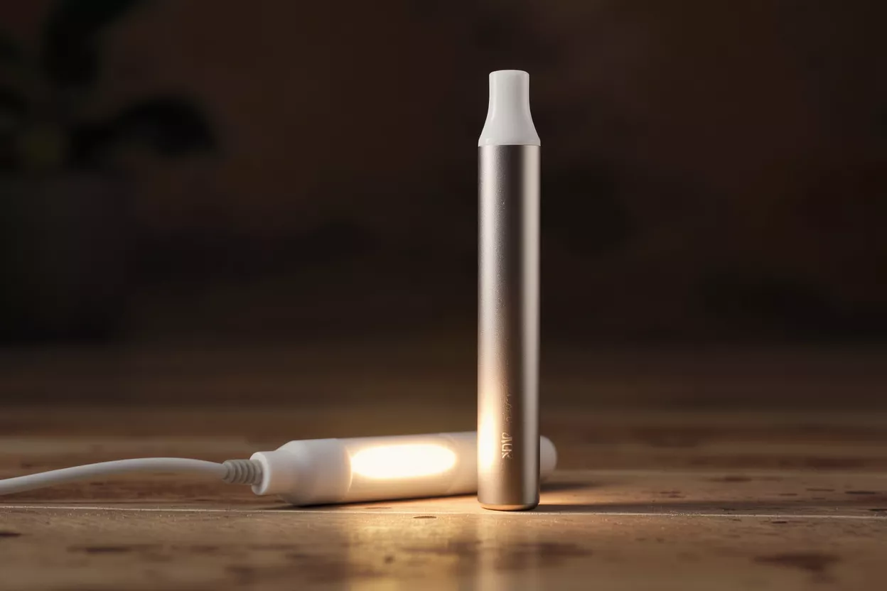A sleek vaporizer device with a charging cable