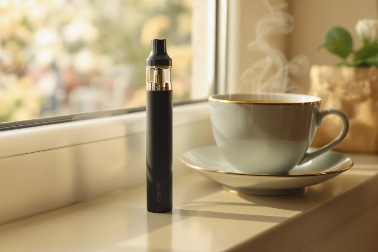 A vape and coffee cup on a windowsill
