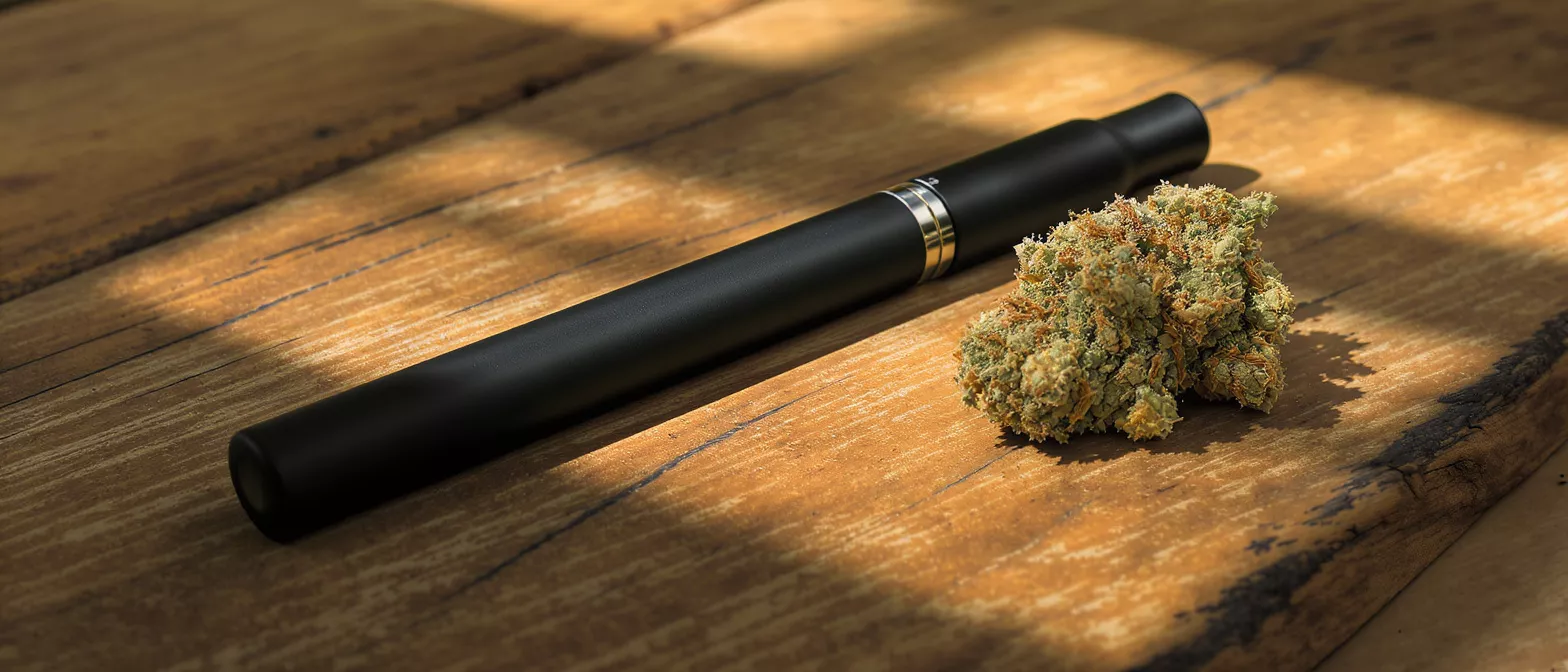 A vape pen beside cannabis flower on a wooden surface