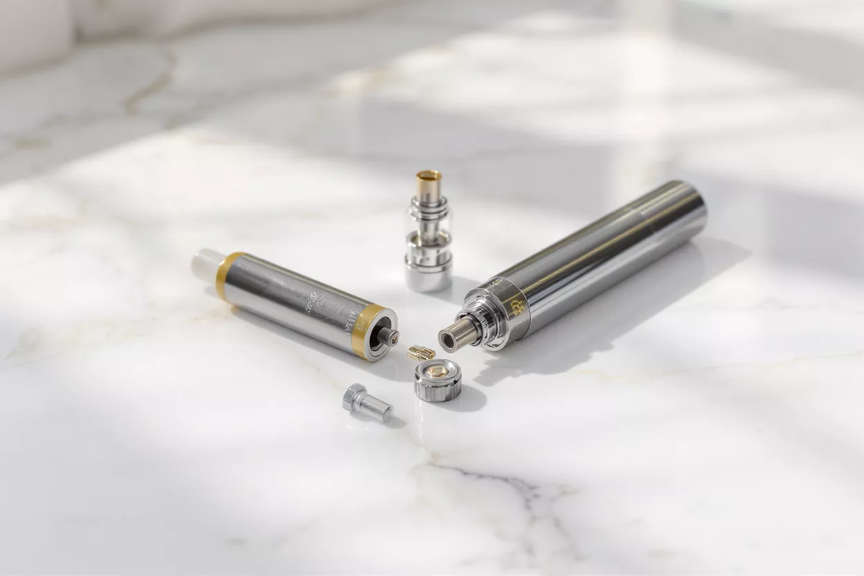Disassembled vape pen with various parts displayed