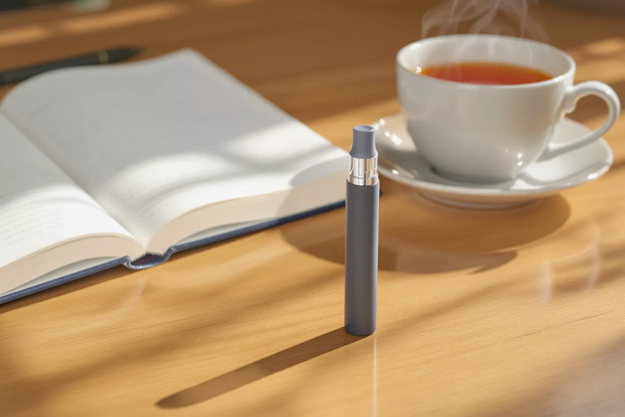 A vape pen beside a cup of tea and an open book