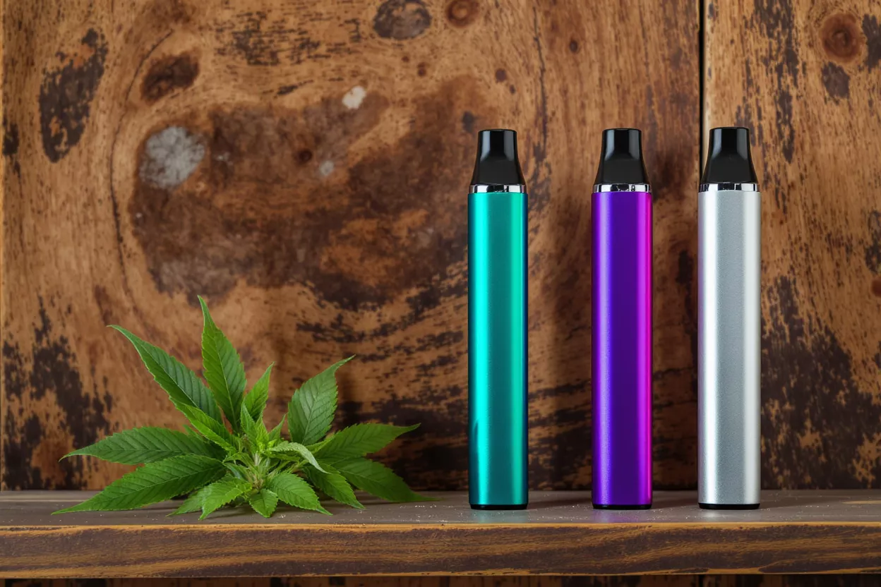 Three colorful vape pens and green leaves