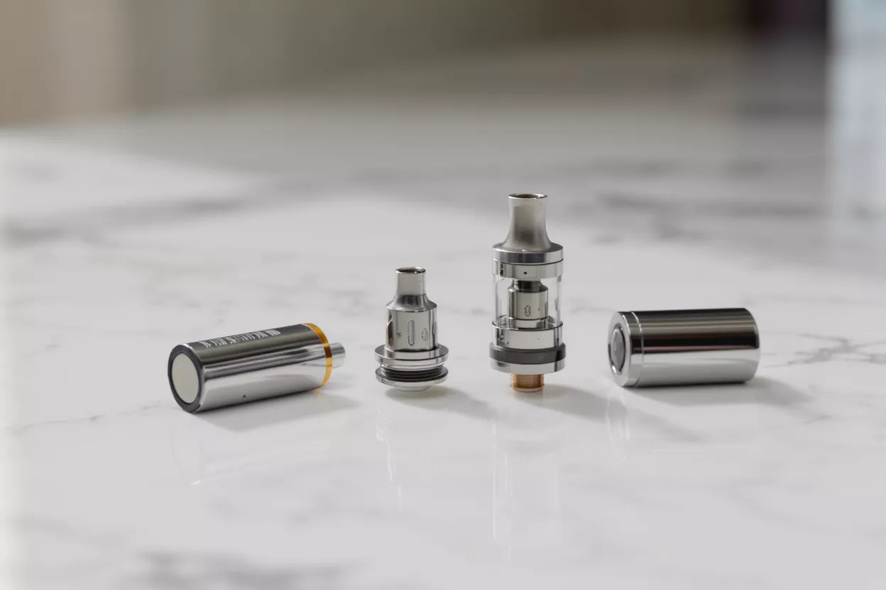 Various components of a vape tank on a surface
