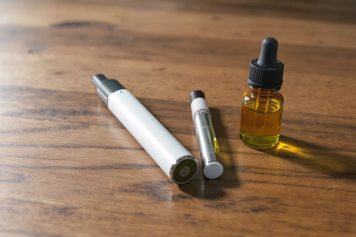 Vaporizer pen and oil dropper on wooden surface