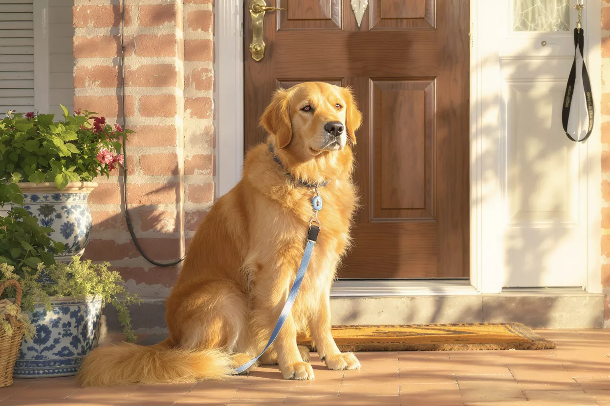 Golden retriever assis sur un porche avec une laisse bleue, regardant avec expectative.