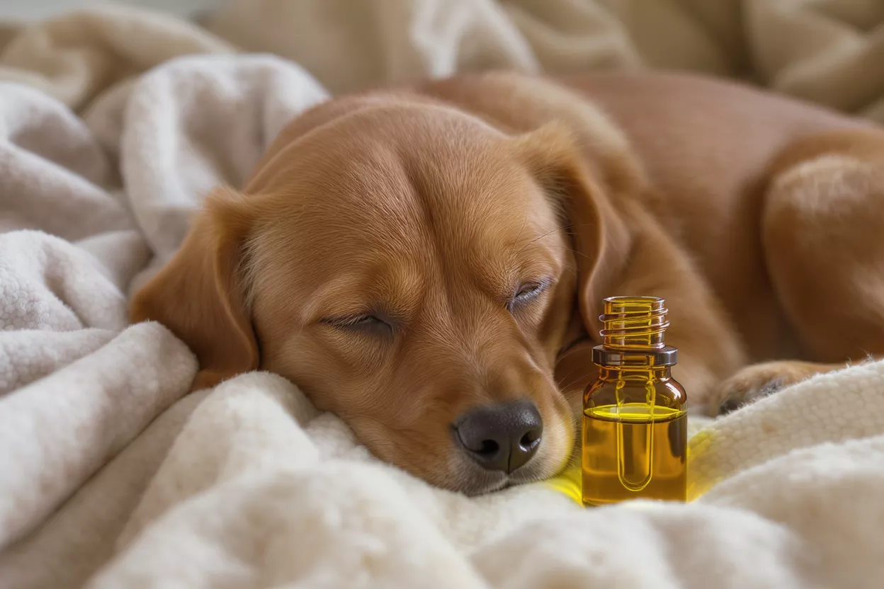 Un chien brun endormi à côté d'une petite bouteille de liquide ambré, probablement de l'huile de CBD.