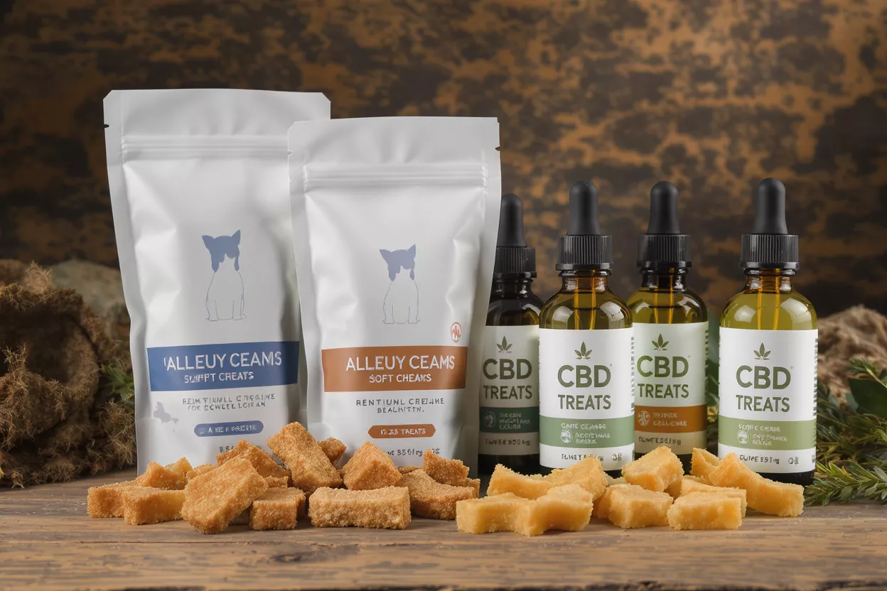 Friandises et teintures CBD pour chiens et chats sur une surface en bois.
