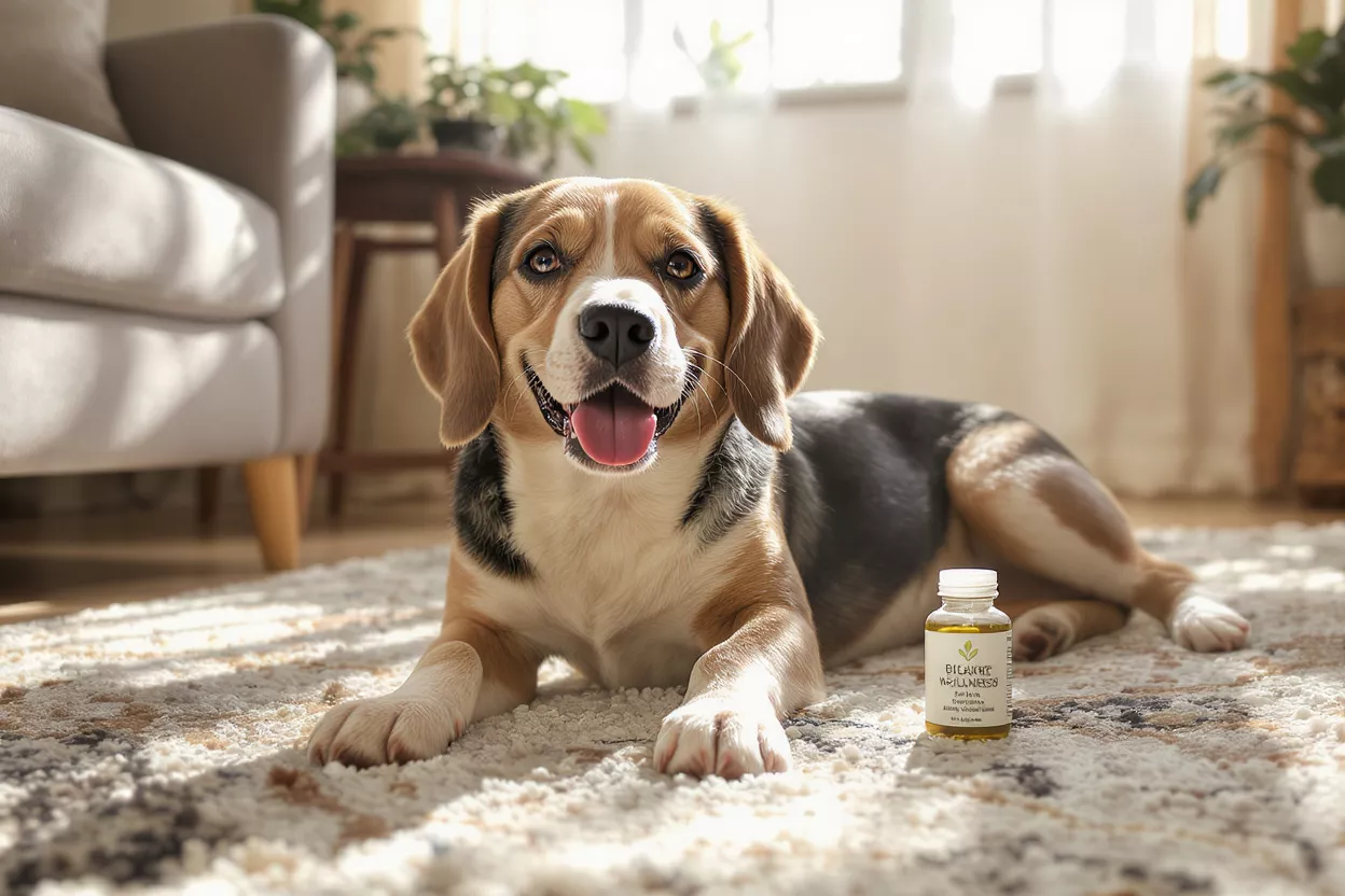 Un beagle heureux allongé sur un tapis à côté d'une bouteille d'huile de bien-être pour animaux.