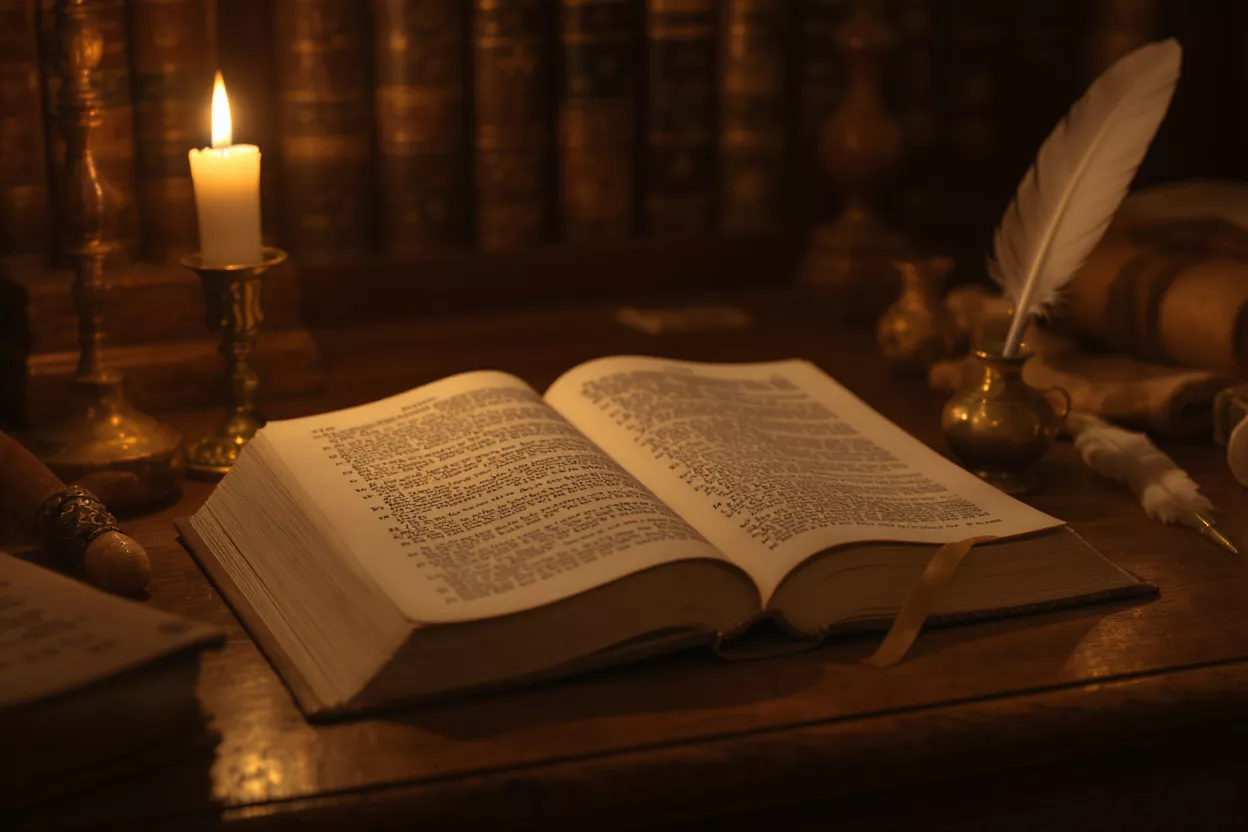 An open vintage book illuminated by a candle, with a quill and inkwell.