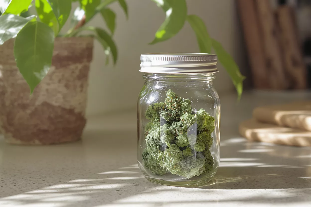 Close-up of cannabis buds in a glass jar with a plant in the background.