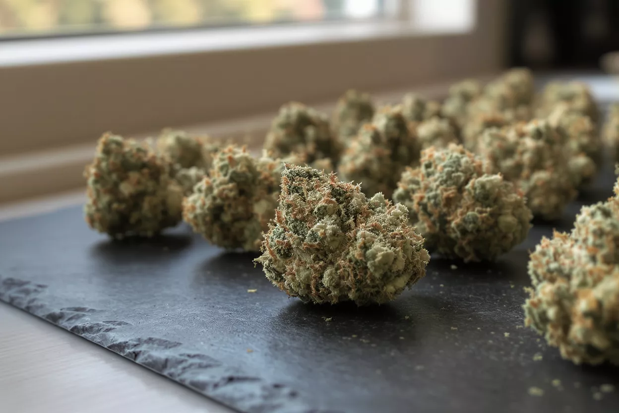 Close-up of vibrant green cannabis buds with orange hairs on a dark slate tray.