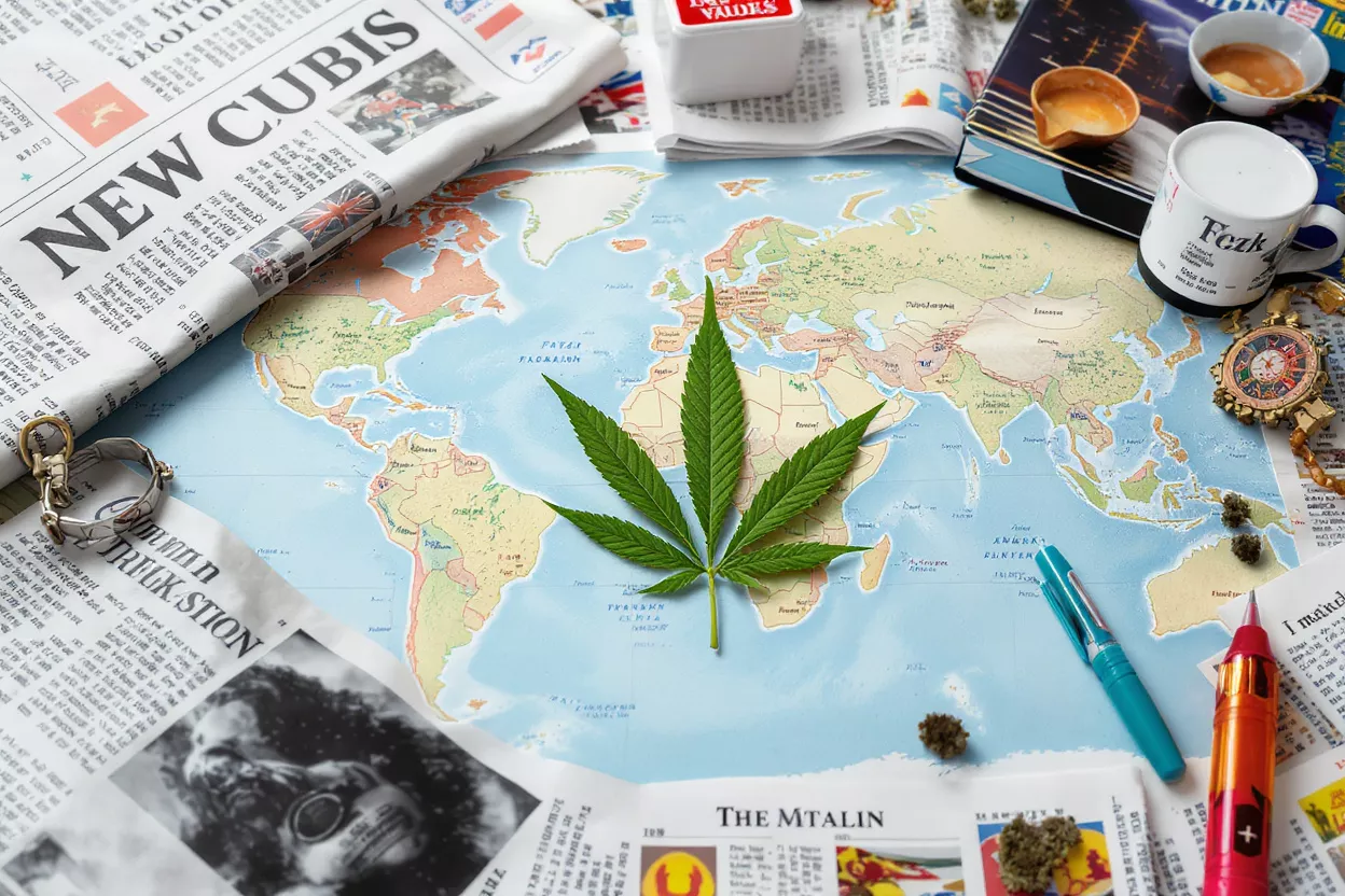 A cannabis leaf rests on a world map surrounded by newspapers and travel items.