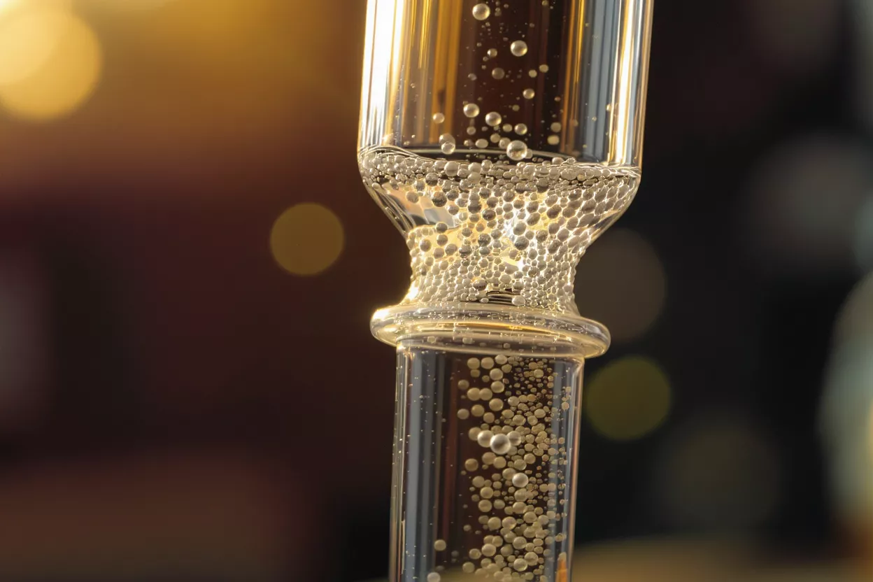 A close-up of a champagne flute with bubbles against a warm, blurry background.