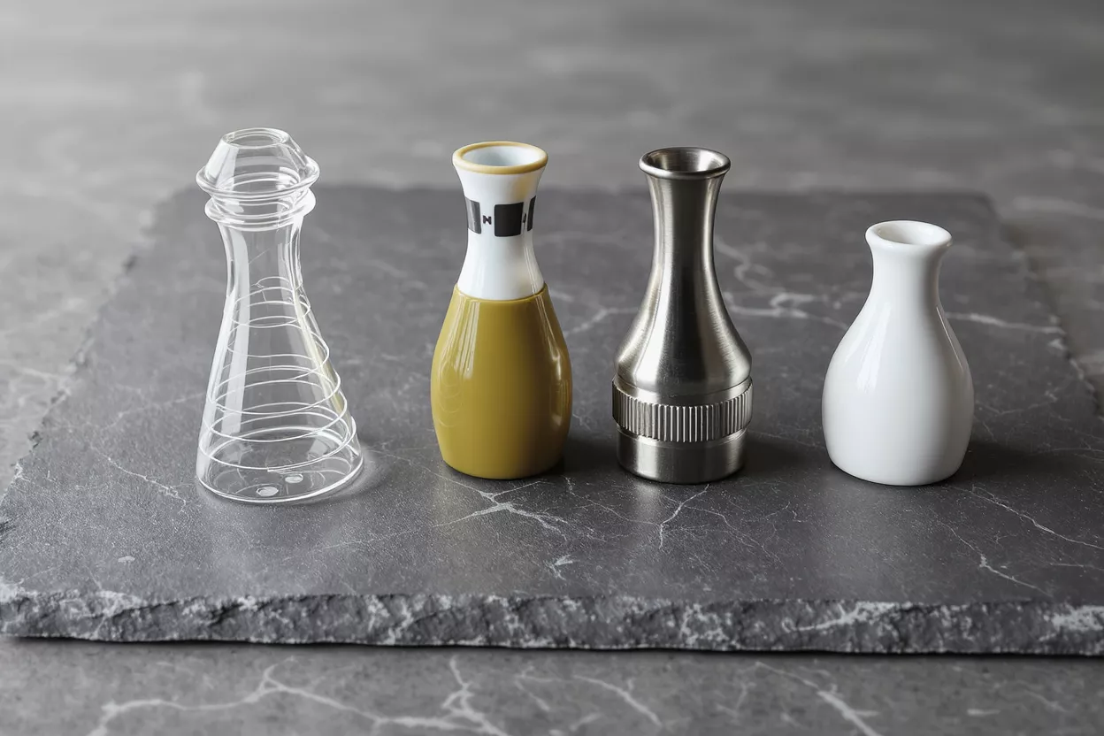 Four assorted small condiment dispensers and vases lined up on a grey slate surface.