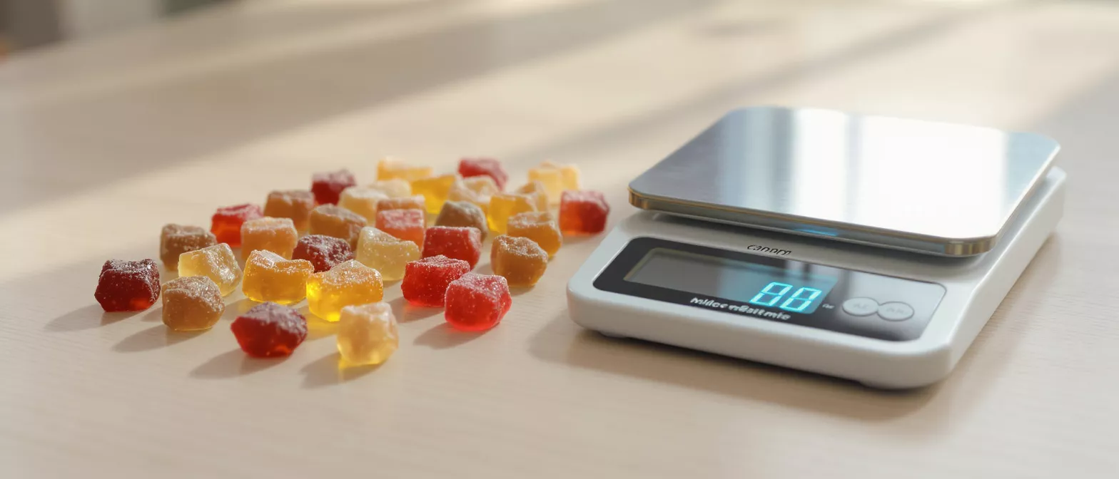 Colorful square gummies next to a white digital scale on a light wooden surface.