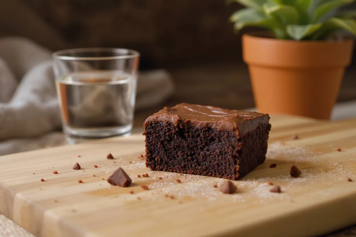 Una rebanada de pastel de chocolate con glaseado, vaso de agua y planta en maceta.