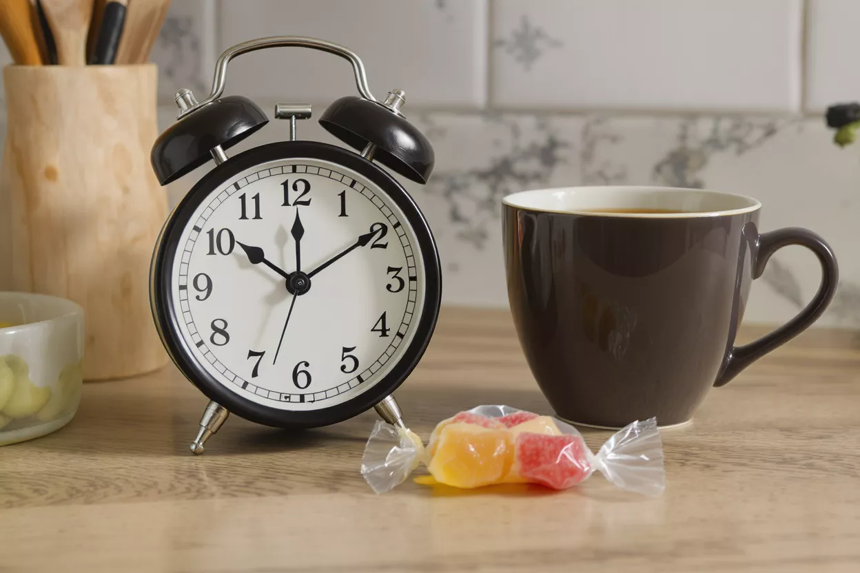 Despertador, taza de café y dulces en una encimera de madera.