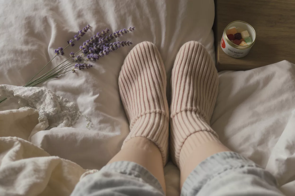 Pies con calcetines rosas en la cama con lavanda y gomitas en una mesita de noche.