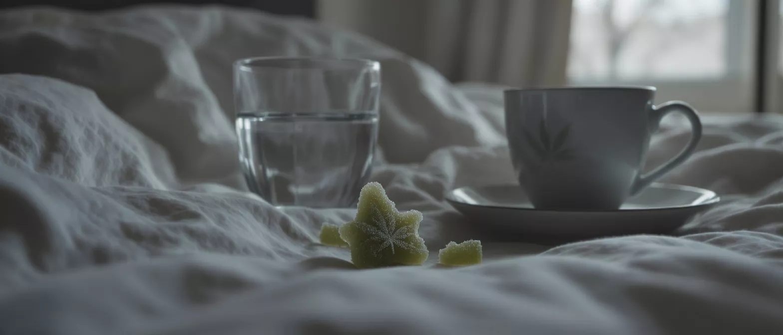 A glass of water, tea cup, and gummy snack on a bed