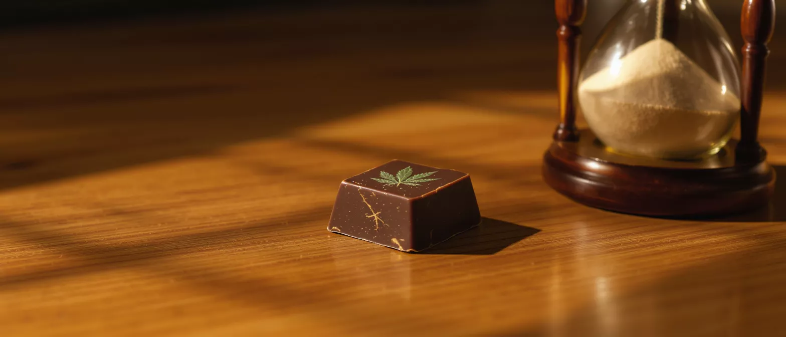 A chocolate square with a cannabis leaf design next to an hourglass on a wooden table.