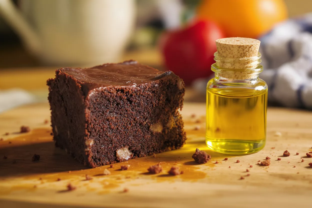 Un riche brownie au chocolat avec des noix et une petite bouteille d'huile dorée.