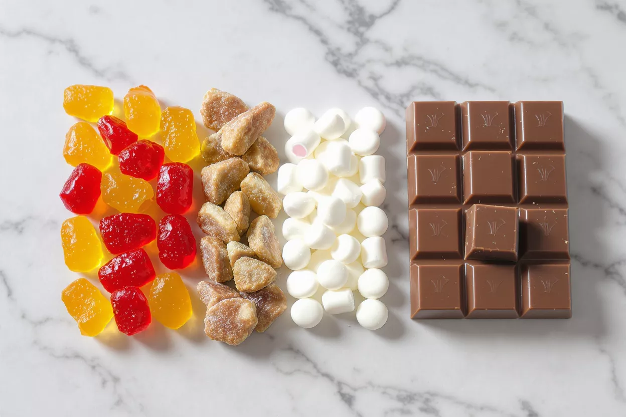 Bonbons gélifiés, fruits secs, guimauves et une tablette de chocolat sur du marbre.