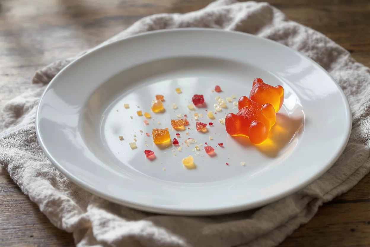 Deux oursons en gomme orange et des morceaux de bonbons colorés sur une assiette blanche.