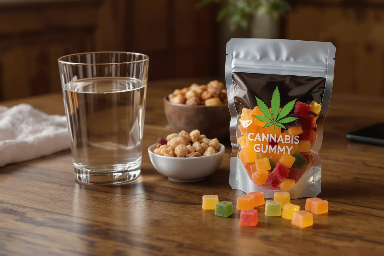 Un sachet de bonbons au cannabis, de l'eau et des noix sur une table en bois.