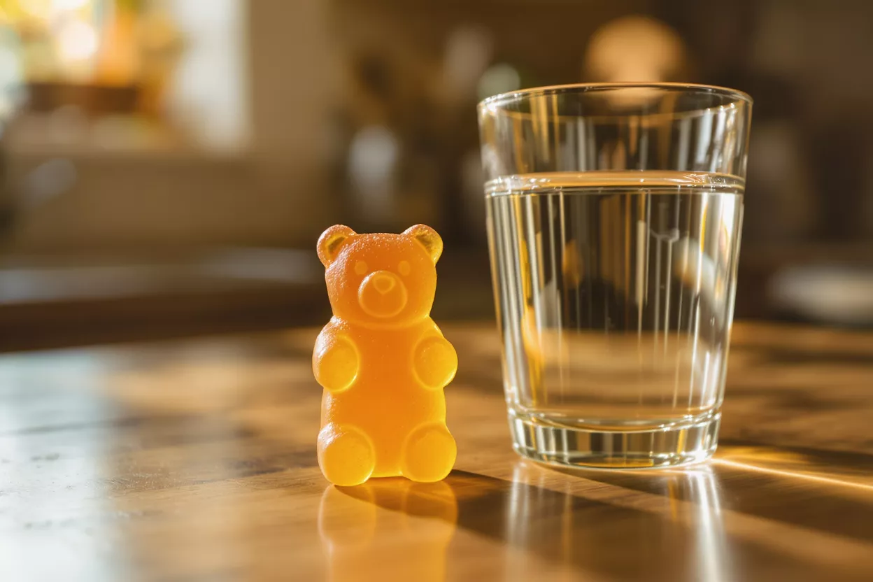 Orange gummy bear next to a glass of water on a wooden table.