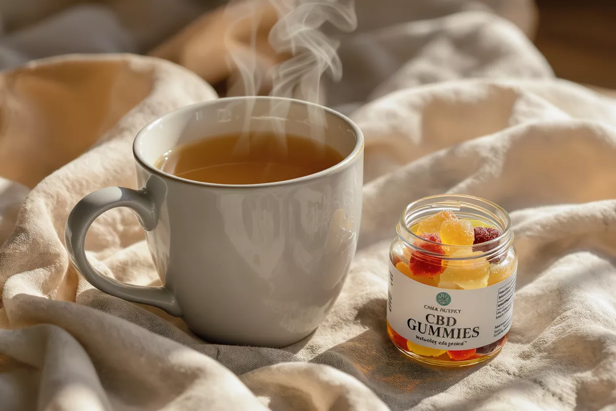 Steaming mug of tea next to a jar of colorful CBD gummies on light fabric.