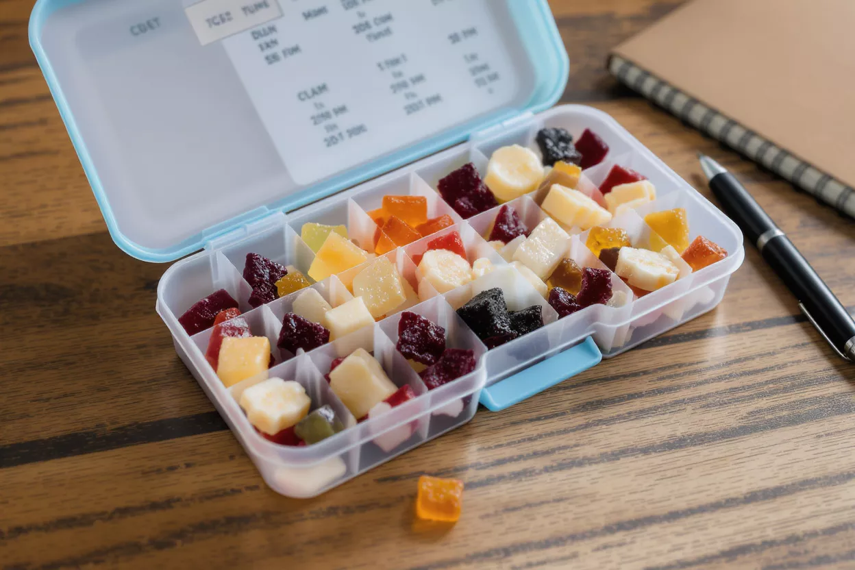 An open plastic organizer filled with colorful fruit snacks on a wooden desk.