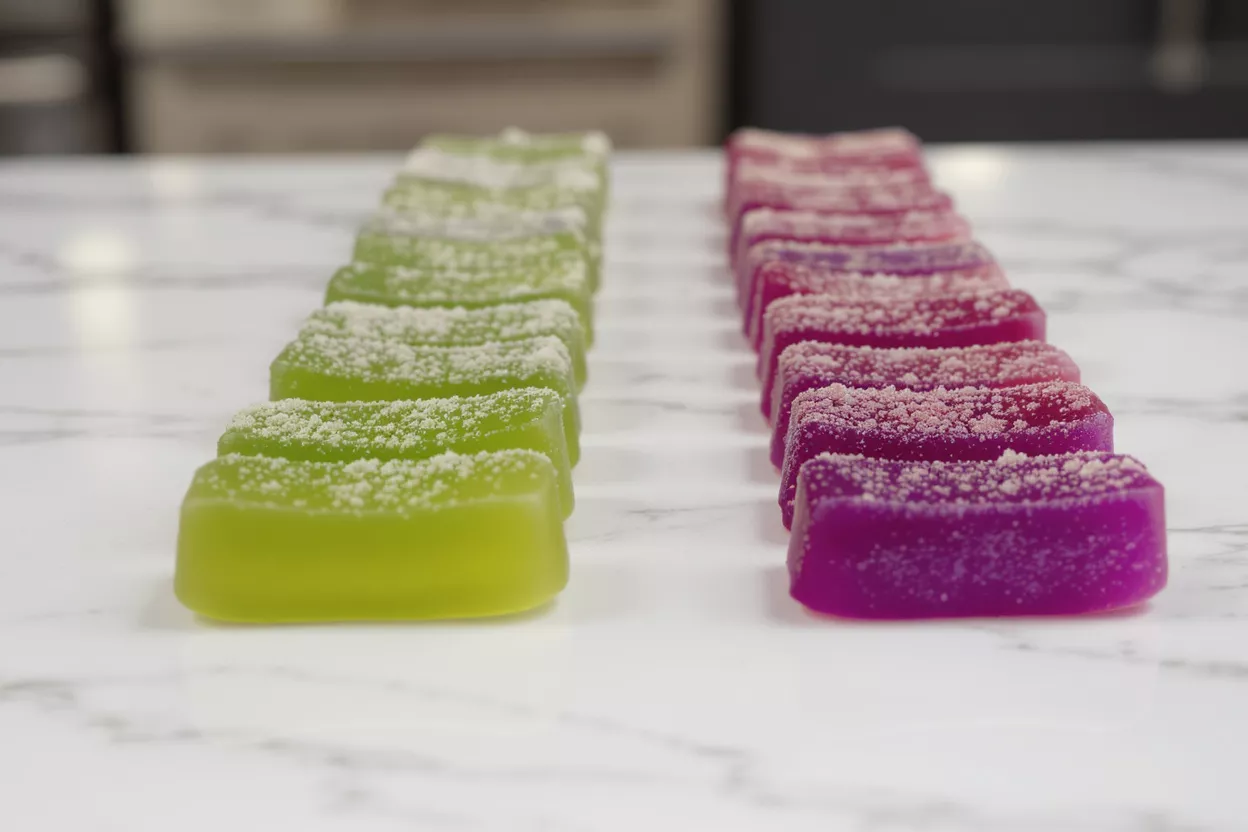 Two rows of green and purple gummy candies dusted with sugar on a marble surface.