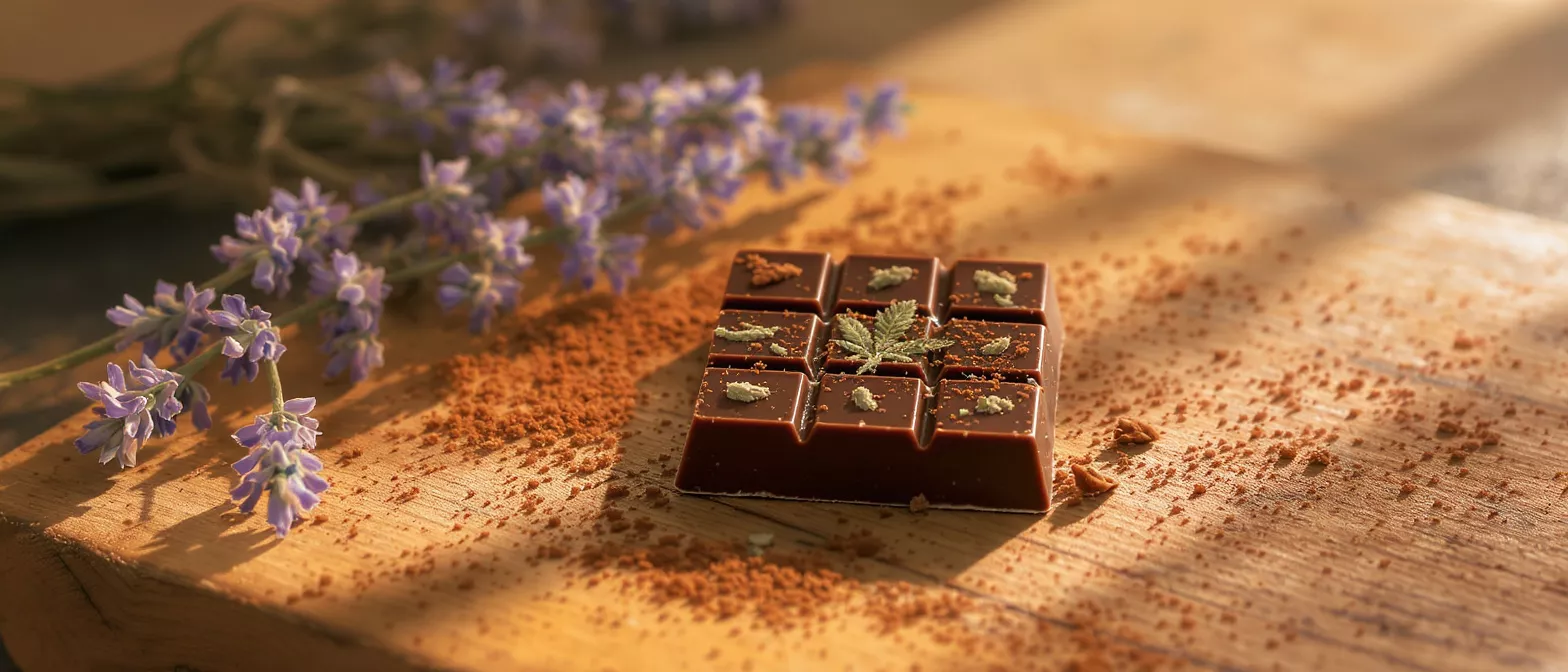Cannabis Chocolate Bar with Lavender Chocolate bar with cannabis leaf, cocoa powder, and lavender on a wooden board.