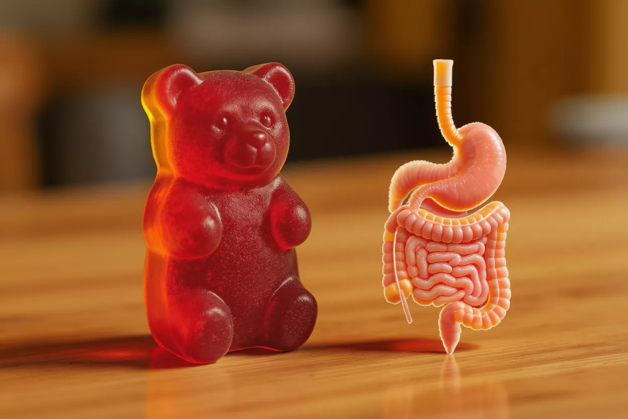 A red gummy bear next to a model of the human digestive system on a wooden surface.