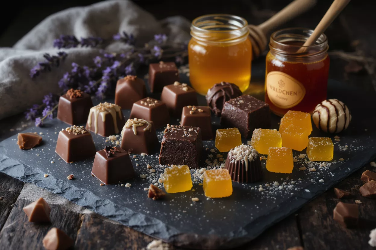 Assortment of chocolates, honey jars, and jelly candies on a dark slate.