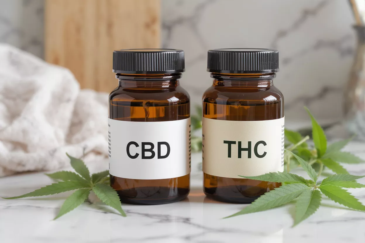 Two amber bottles labeled CBD and THC with cannabis leaves on a marble surface.