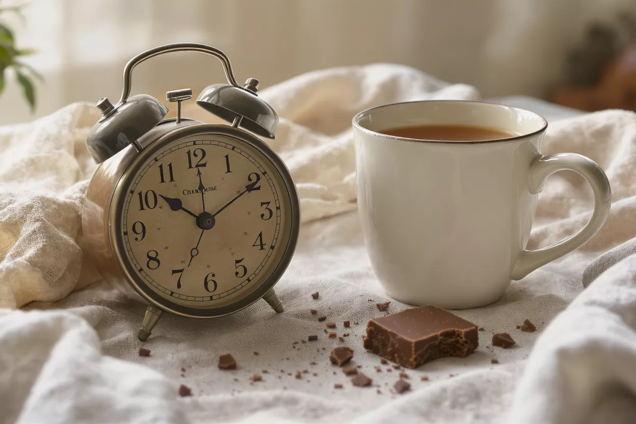 Vintage alarm clock, coffee mug, and chocolate on a linen cloth.