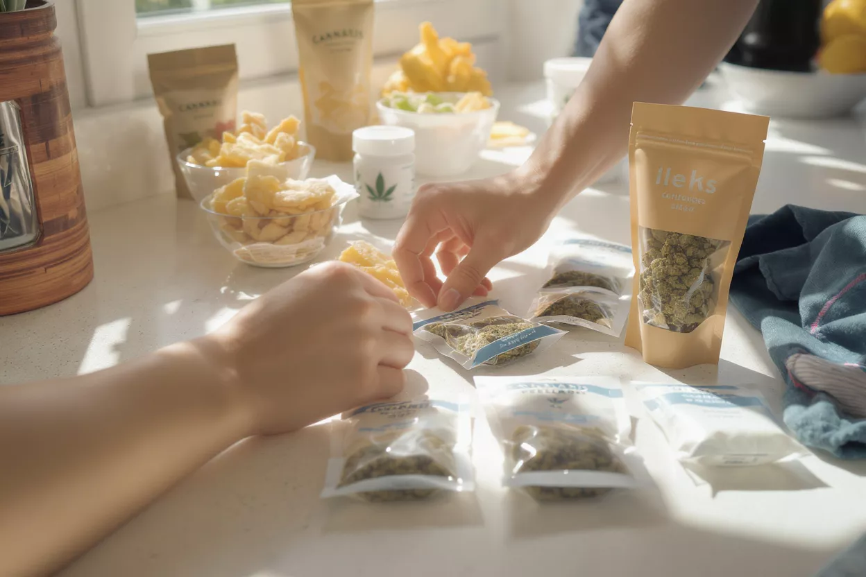 Hands arranging small cannabis packages and dried fruit snacks on a white counter.