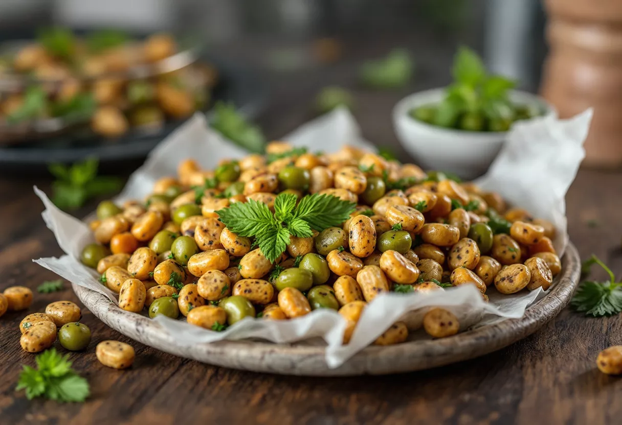 A plate of spiced green beans with herbs