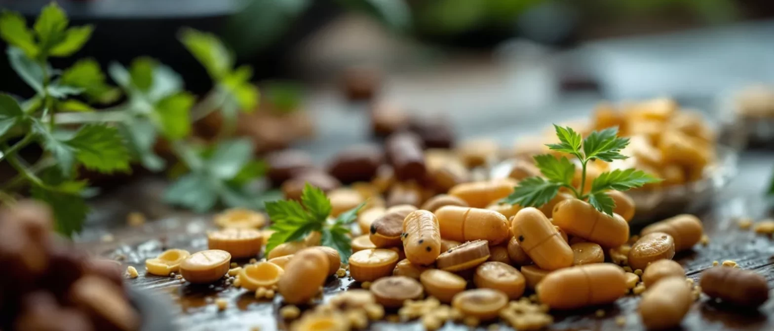 Variety of Seeds Display An array of seeds scattered on a wooden table