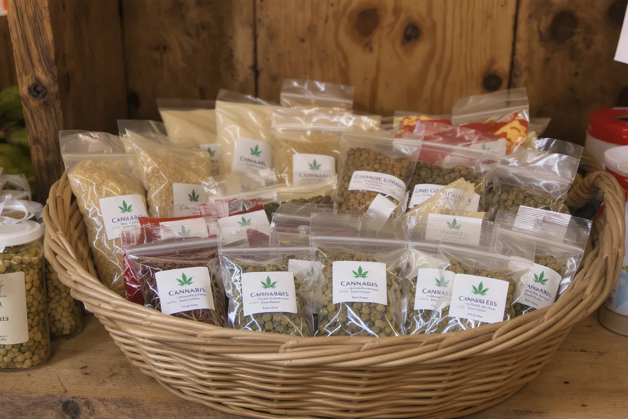 Wicker basket filled with various packaged cannabis products on a wooden background.