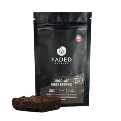 FADED Edibles 400mg THC-infused Fudge Brownie packaging - Canadian lab-tested product.