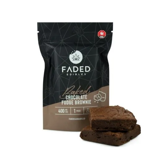 Faded Edibles 400mg THC-infused Chocolate Fudge Brownie packaging with product display.