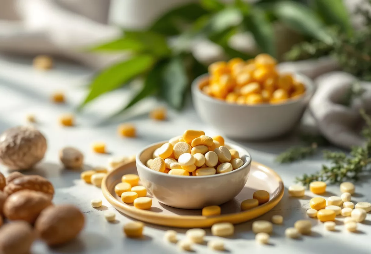 Assorted vitamin supplements in bowls and scattered